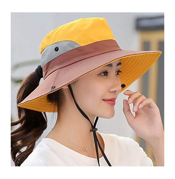 Sun Hats Women's Ponytail Safari Sun Hat Wide Brim UV Protection Foldable Outdoor Cap - Yellow - CF18U8E5QQO