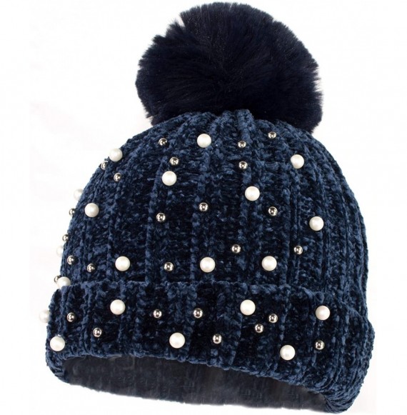 Skullies & Beanies Warm Winter Extra Soft Chenille Knit Pearl Silver Stud Beanie Toboggan Hat with Fur Pom for Women - Navy B...