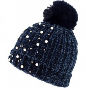 Skullies & Beanies Warm Winter Extra Soft Chenille Knit Pearl Silver Stud Beanie Toboggan Hat with Fur Pom for Women - Navy B...