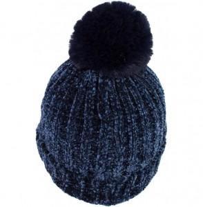 Skullies & Beanies Warm Winter Extra Soft Chenille Knit Pearl Silver Stud Beanie Toboggan Hat with Fur Pom for Women - Navy B...