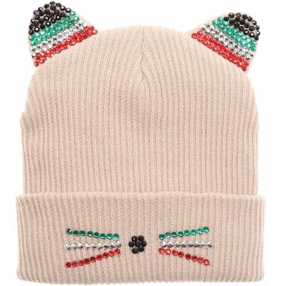 Skullies & Beanies Women's Soft Warm Embroidered Meow Cat Ears Knit Beanie Hat with Stone Embellished - Multi Color Stone Bei...