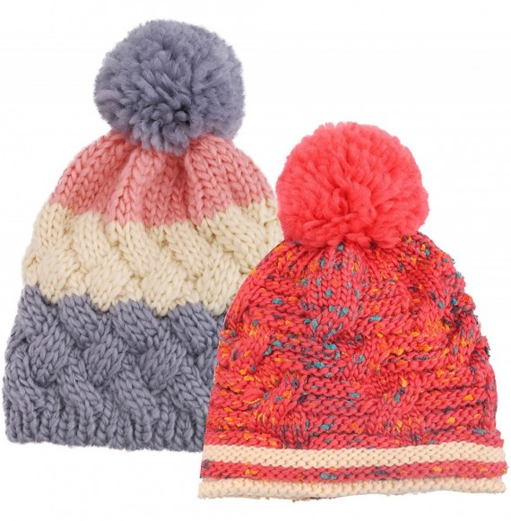 Skullies & Beanies Kids and Toddlers' Chunky Cable Knit Beanie with Yarn Pompom Set of 2 - Grey Stripe+red - CC185AWTH46