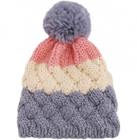 Skullies & Beanies Kids and Toddlers' Chunky Cable Knit Beanie with Yarn Pompom Set of 2 - Grey Stripe+red - CC185AWTH46