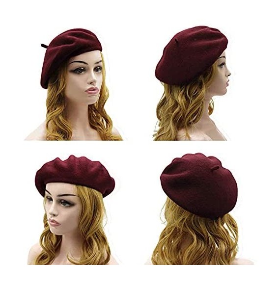 Berets French Wool Berets Hat Artist Casual Fashion Winter Warm Beanie Cap for Women - Wine Red - C318NL74SY4