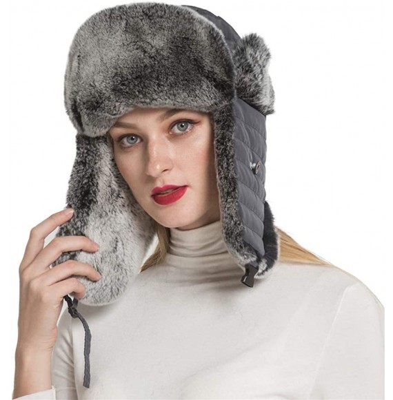 Skullies & Beanies Real Rabbit Fur Trapper Aviator Hat - Women Windproof Winter Russian Cap Earflap Skiing Hats - Grey - CK18...