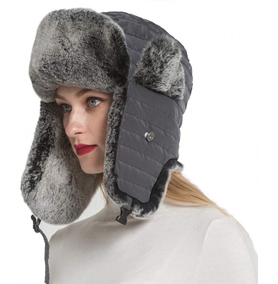 Skullies & Beanies Real Rabbit Fur Trapper Aviator Hat - Women Windproof Winter Russian Cap Earflap Skiing Hats - Grey - CK18...