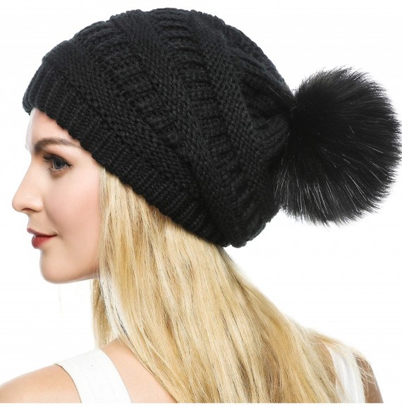 Skullies & Beanies Womens Girls Winter Knit Slouchy Beanie Hat Warm Skull Ski Cap Faux Fur Pom Pom Hats for Women - CF19394SXO6