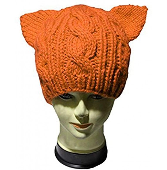 Skullies & Beanies Handmade Knitted Pussy Cat Ear Beanie Hat for Women's March Winter Warm Cap - Orange - CL189H9LSQW