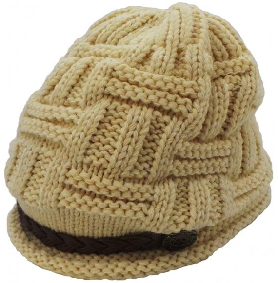 Skullies & Beanies Fashion Winter Warm Knit Beanie Crochet Cap Hat with Leather Strap - Beige - CX11HAMDD01