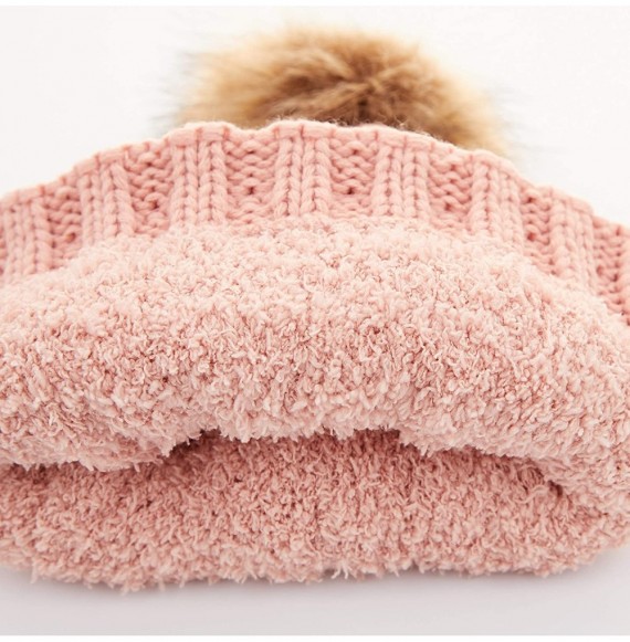 Skullies & Beanies Exclusives Fuzzy Lined Knit Fur Pom Beanie Hat (YJ-820) - Indi Pink - CE18I6O5X6U