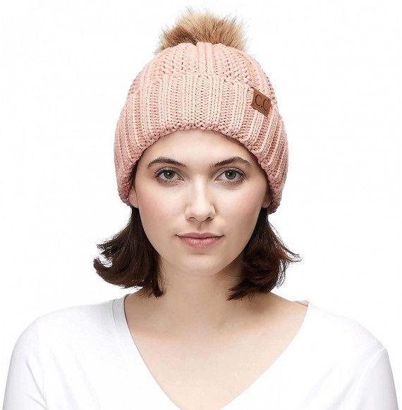 Skullies & Beanies Exclusives Fuzzy Lined Knit Fur Pom Beanie Hat (YJ-820) - Indi Pink - CE18I6O5X6U