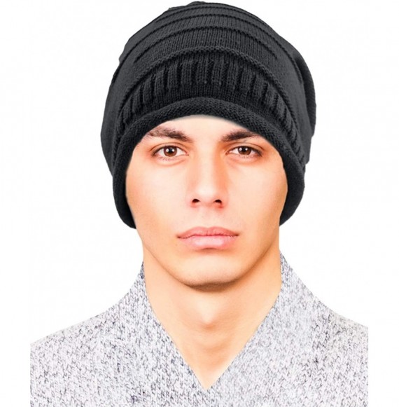 Skullies & Beanies Men's Cable Knit/Slouchy Style/Dual-Layer Beanie- Soft & Warm Hat - Slouch - Black - CS110UFFGZV