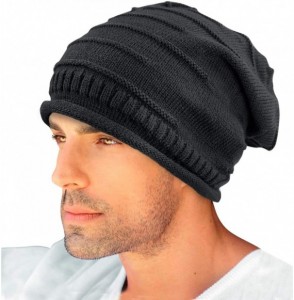 Skullies & Beanies Men's Cable Knit/Slouchy Style/Dual-Layer Beanie- Soft & Warm Hat - Slouch - Black - CS110UFFGZV