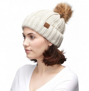 Skullies & Beanies Exclusives Fuzzy Lined Knit Fur Pom Beanie Hat (YJ-820) - Beige - CG18I6QD4KH