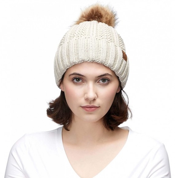 Skullies & Beanies Exclusives Fuzzy Lined Knit Fur Pom Beanie Hat (YJ-820) - Beige - CG18I6QD4KH