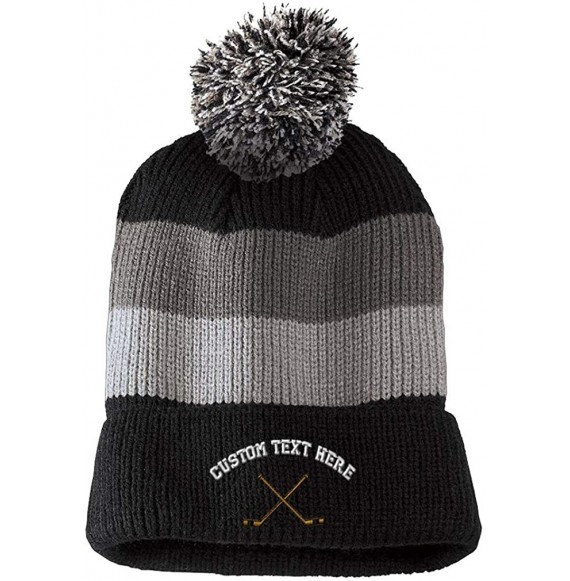 Skullies & Beanies Custom Vintage Pom Pom Beanie Hockey Sticks Embroidery Acrylic - Black Stripes - C418H5N7LA3