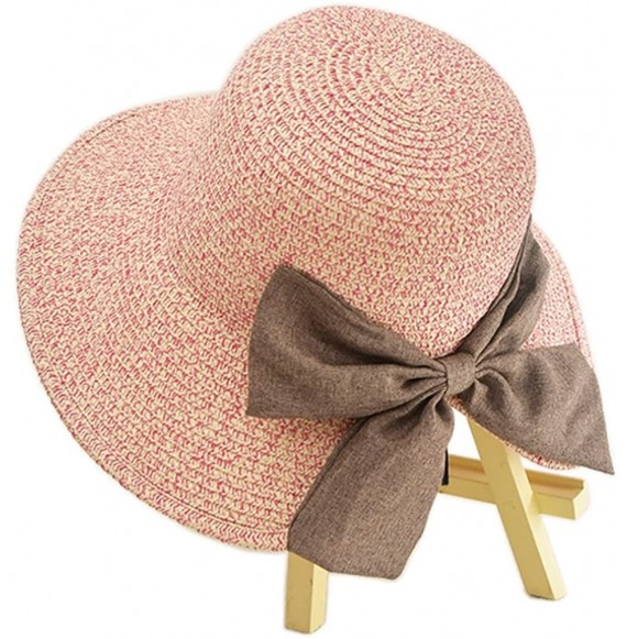 Sun Hats Women Elegant Bowknot Floppy Beach Straw Hats Wide Brim Packable Sun Cap - Bowknot Rose Red - CY18EZNDH2A