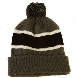 Skullies & Beanies Winter Striped Beanie with Pom - Grey/Black - C1110TVX9OL