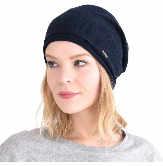 Skullies & Beanies Silk Beanie Hat for Men and Women - Slouchy Oversized Chemo Hat Sensitive Skin - Navy - CA1889IYEUZ