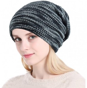 Skullies & Beanies Soft Striped Slouchy Beanie Hat Cap Winter Knit Soft Cozy Skull Cap for Women and Girls - Gray - C118XS0O92I