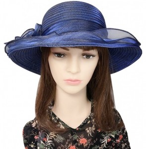 Sun Hats Women's Summer Sun Hat Foldable Floppy Organza Wide Brim Bucket Hat Straw Hat - Navy Blue - C518DAZO8R8