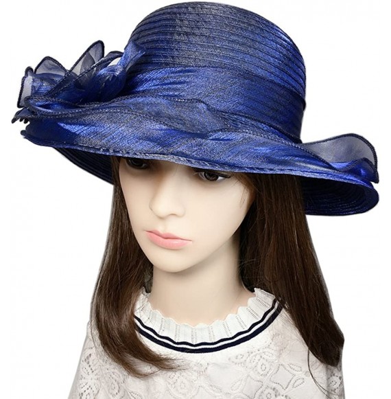 Sun Hats Women's Summer Sun Hat Foldable Floppy Organza Wide Brim Bucket Hat Straw Hat - Navy Blue - C518DAZO8R8