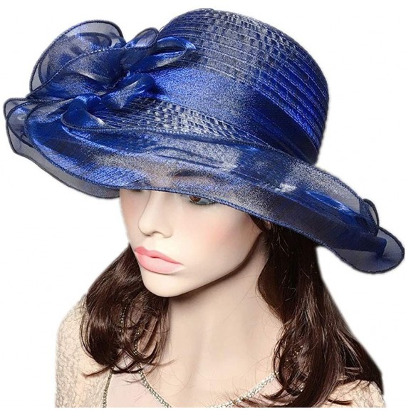 Sun Hats Women's Summer Sun Hat Foldable Floppy Organza Wide Brim Bucket Hat Straw Hat - Navy Blue - C518DAZO8R8