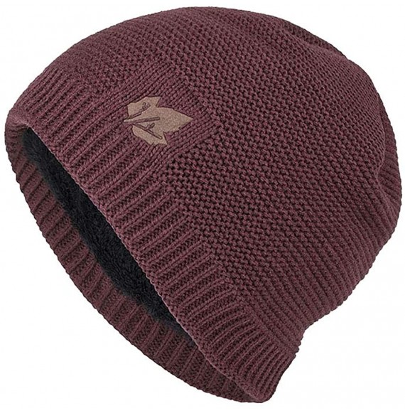 Skullies & Beanies Men Winter Skull Cap Beanie Large Knit Hat with Thick Fleece Lined Daily - C - Wine Red - CB18ZD74NZO