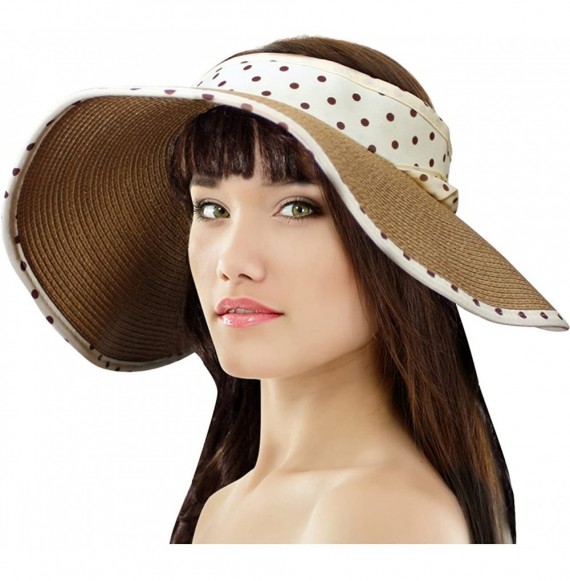 Sun Hats Women's Summer Sun Hat - Polka Dot Ribbon Straw Visor - Camel Tan - CV11DEY1GP9