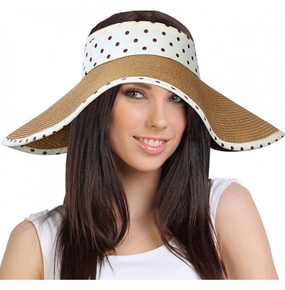 Sun Hats Women's Summer Sun Hat - Polka Dot Ribbon Straw Visor - Camel Tan - CV11DEY1GP9