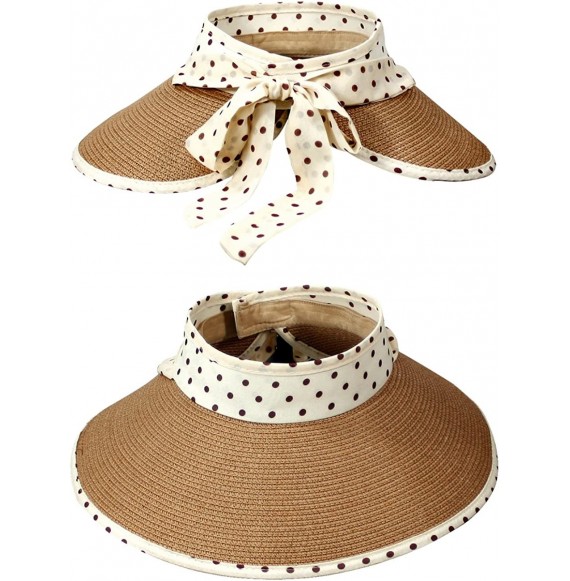 Sun Hats Women's Summer Sun Hat - Polka Dot Ribbon Straw Visor - Camel Tan - CV11DEY1GP9