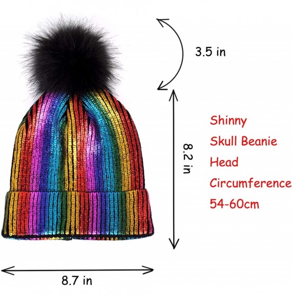 Skullies & Beanies Women Knit Beanie- Chunky Baggy Hat with Faux Fur Pompom Metallic Sequin Beanie Hats Winter Soft Warm Ski ...