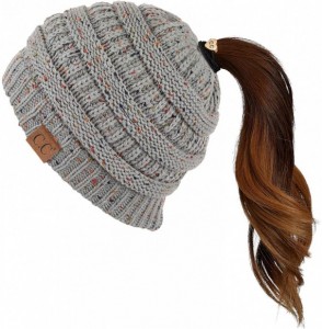 Skullies & Beanies Ribbed Confetti Knit Beanie Tail Hat for Adult Bundle Hair Tie (MB-33) - Natual Grey - CY189CH7X7A