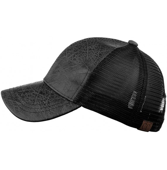 Baseball Caps Unisex Distressed PU Leather Vintage Mesh Back Adjustable Baseball Cap Hat - Black - CF12O6ZHQMR