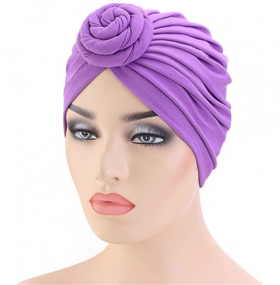 Skullies & Beanies Womens Big Flower Turban Beanie Elegant Cap Head Wrap Stretch Long Hair Scarf Headscarf - 441-purple - C81...