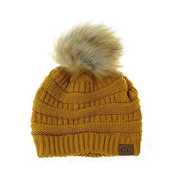 Skullies & Beanies Soft Warm Cable Knit Faux Fur Pom Pom Winter Skull Cap - Mustard - C518Y7E5NZM