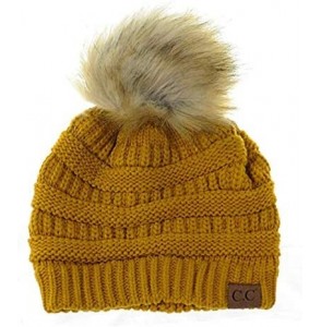 Skullies & Beanies Soft Warm Cable Knit Faux Fur Pom Pom Winter Skull Cap - Mustard - C518Y7E5NZM