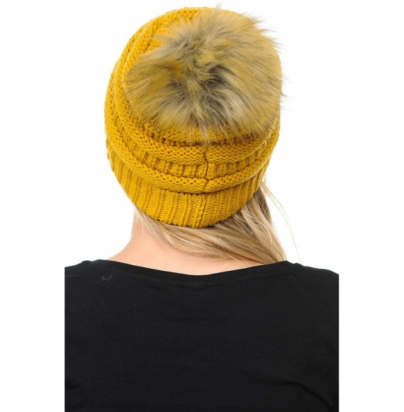 Skullies & Beanies Soft Warm Cable Knit Faux Fur Pom Pom Winter Skull Cap - Mustard - C518Y7E5NZM