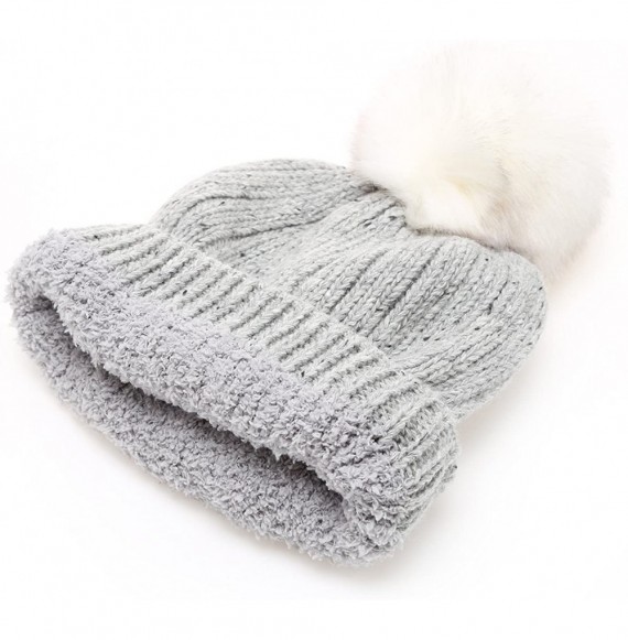 Skullies & Beanies Women's Premium Wool Blend Faux Pom Pom Beanie Hat with Plush Lining. - Grey - CG18692G7WN