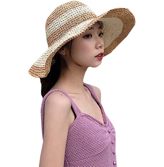 Sun Hats Women's Foldable Bowknot Floppy Straw Sun Hat Wide Brim Beach Sun Visor Hat Cap - Khaki+beige - C818QQMA4ZK