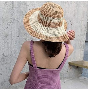 Sun Hats Women's Foldable Bowknot Floppy Straw Sun Hat Wide Brim Beach Sun Visor Hat Cap - Khaki+beige - C818QQMA4ZK