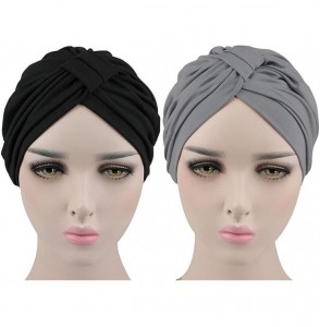 Skullies & Beanies Chemo Turbans for Women Pre Tied Cotton Vintage Cover Twist Pleasted Hair Caps - 2 Pair-a-style1-black+gra...