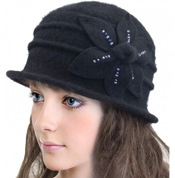 Bucket Hats Women's Daisy Flower Wool Cloche Bucket Hat - Beaded Black - CM192QR7DA7