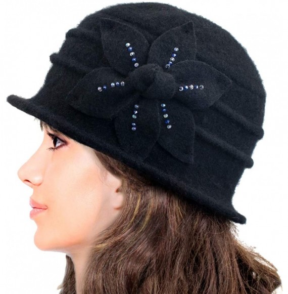 Bucket Hats Women's Daisy Flower Wool Cloche Bucket Hat - Beaded Black - CM192QR7DA7