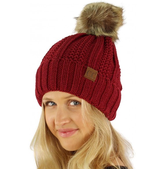 Skullies & Beanies Winter Sherpa Fleeced Lined Chunky Knit Stretch Pom Pom Beanie Hat Cap Solid Burgundy - C418K2S35TZ