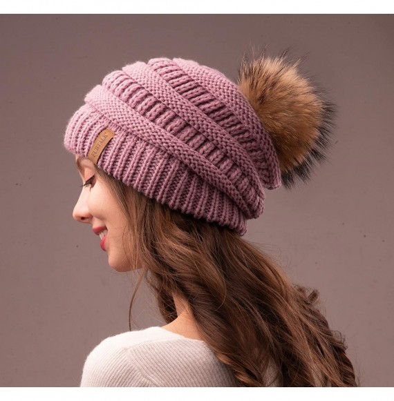 Skullies & Beanies Winter Slouchy Beanie Hats Women Fleece Lined Warm Ski Knitted Pom Pom Hat - 17-purple - CT18ULUK7RM