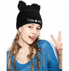 Skullies & Beanies 2 Pieces Winter Cat Ears Hats Soft Warm Knit Beanie Cap with 2 Pieces Pompoms for Women Girls - C118AWT9MZ7