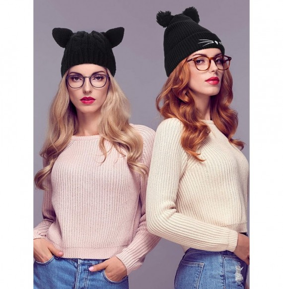 Skullies & Beanies 2 Pieces Winter Cat Ears Hats Soft Warm Knit Beanie Cap with 2 Pieces Pompoms for Women Girls - C118AWT9MZ7