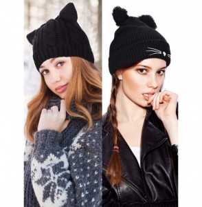 Skullies & Beanies 2 Pieces Winter Cat Ears Hats Soft Warm Knit Beanie Cap with 2 Pieces Pompoms for Women Girls - C118AWT9MZ7