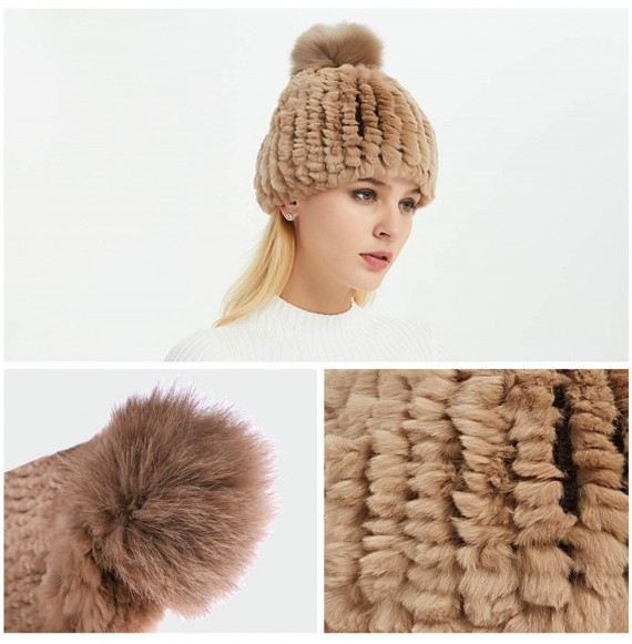 Skullies & Beanies Real Rex Rabbit Fur Hat- Knitted Warm Beanie Cap with Fox Fur Pompom Ball - Fox Fur Pompom (Gray) - C018IH...